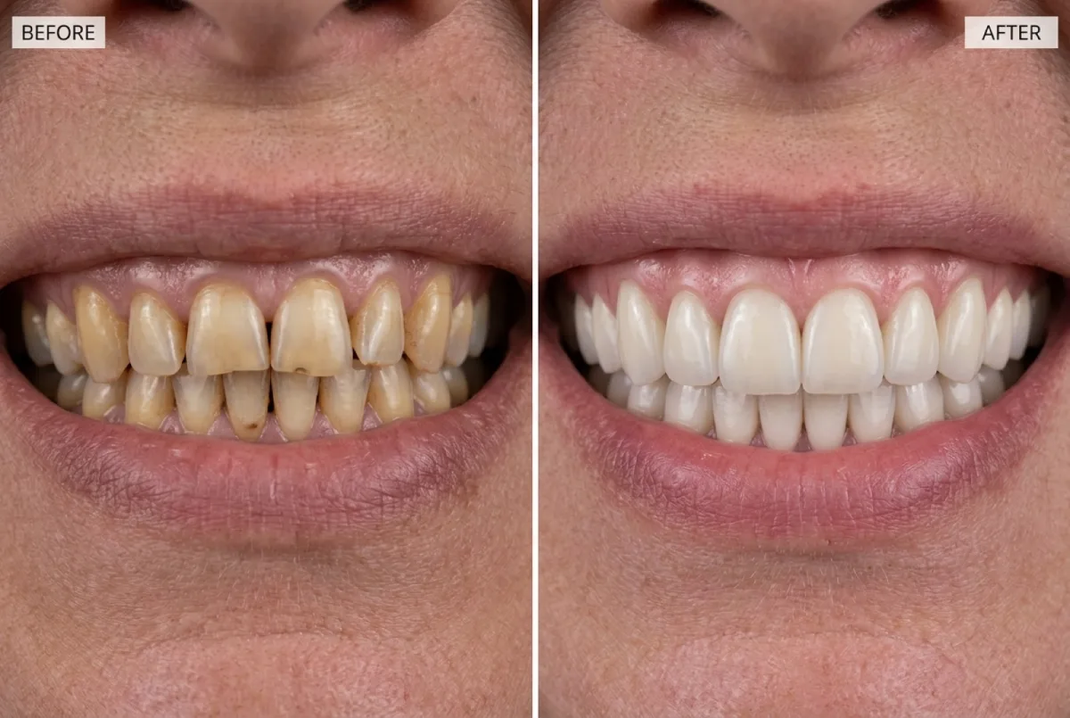 Before and after of a full smile makeover with zirconia crowns