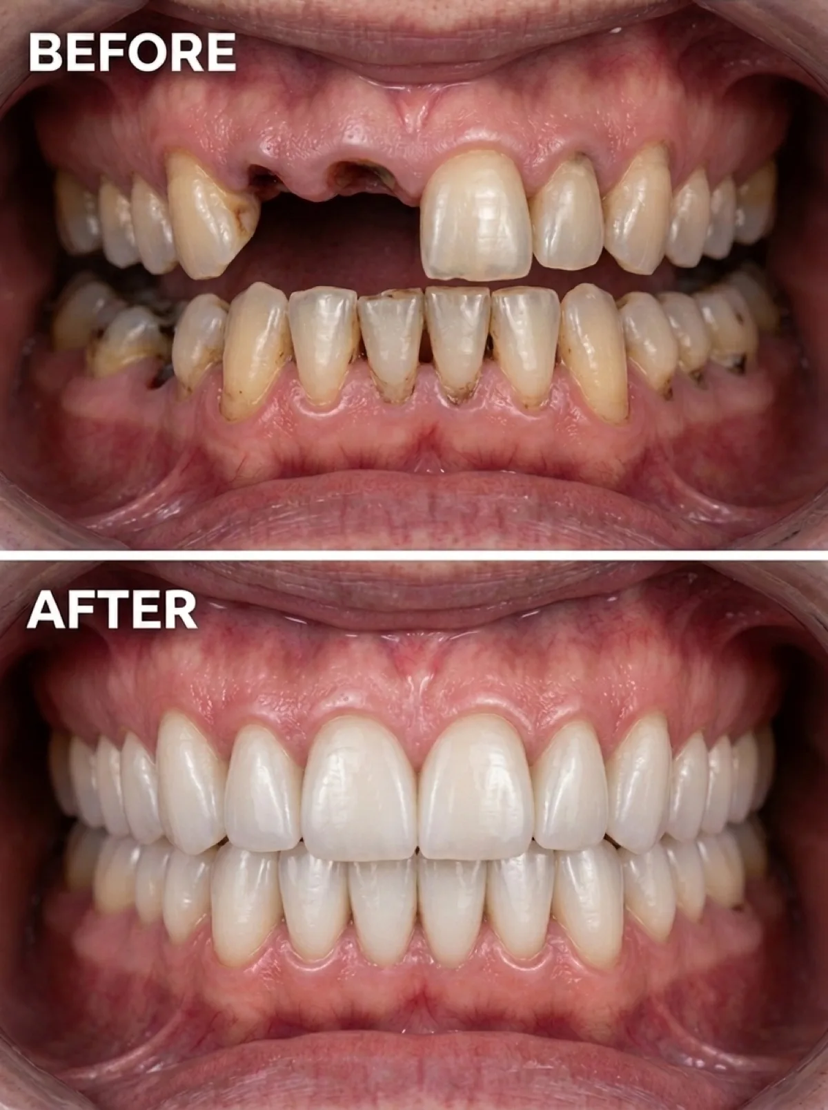 Full arch restoration on six implants, before and after