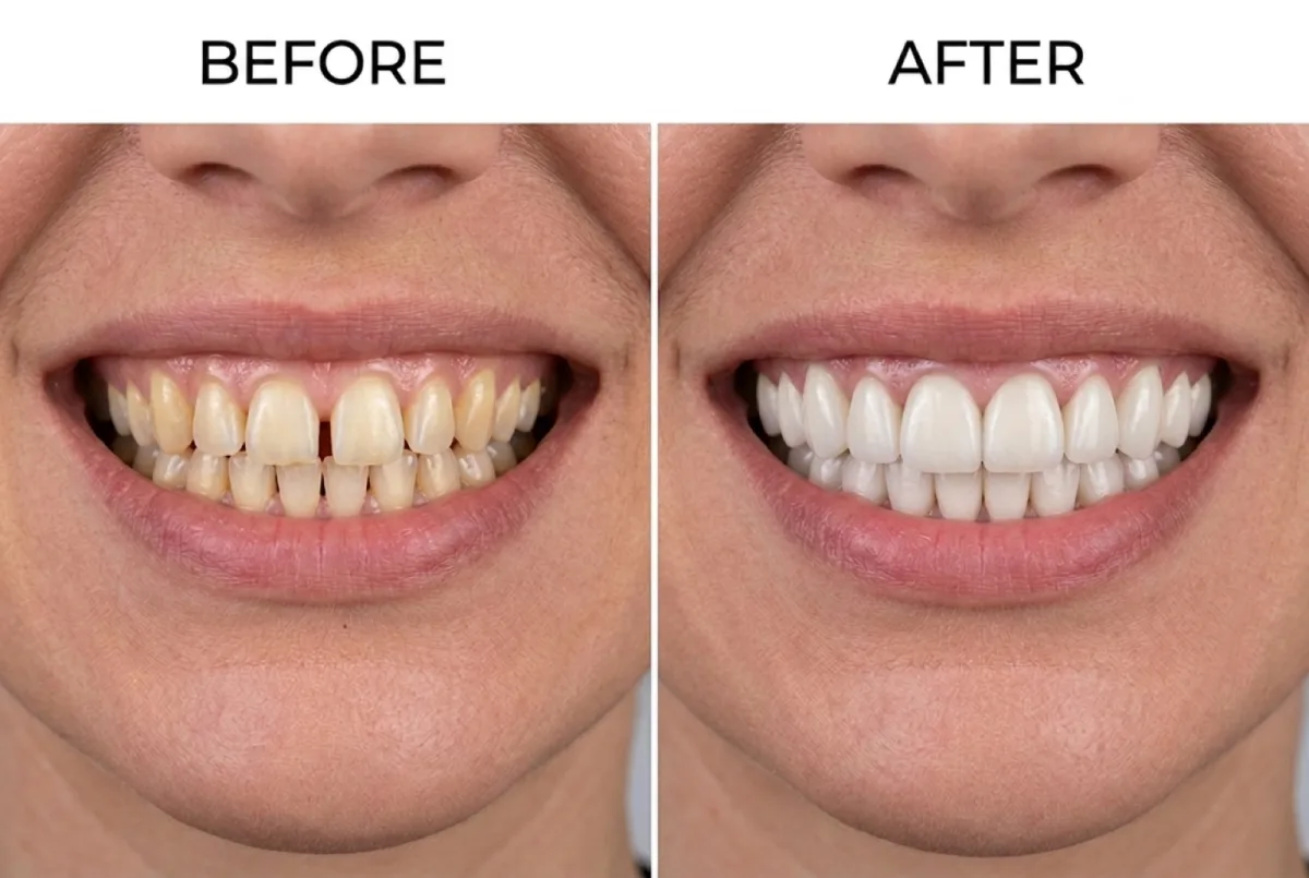 Smile makeover with monolithic zirconia crowns, before and after